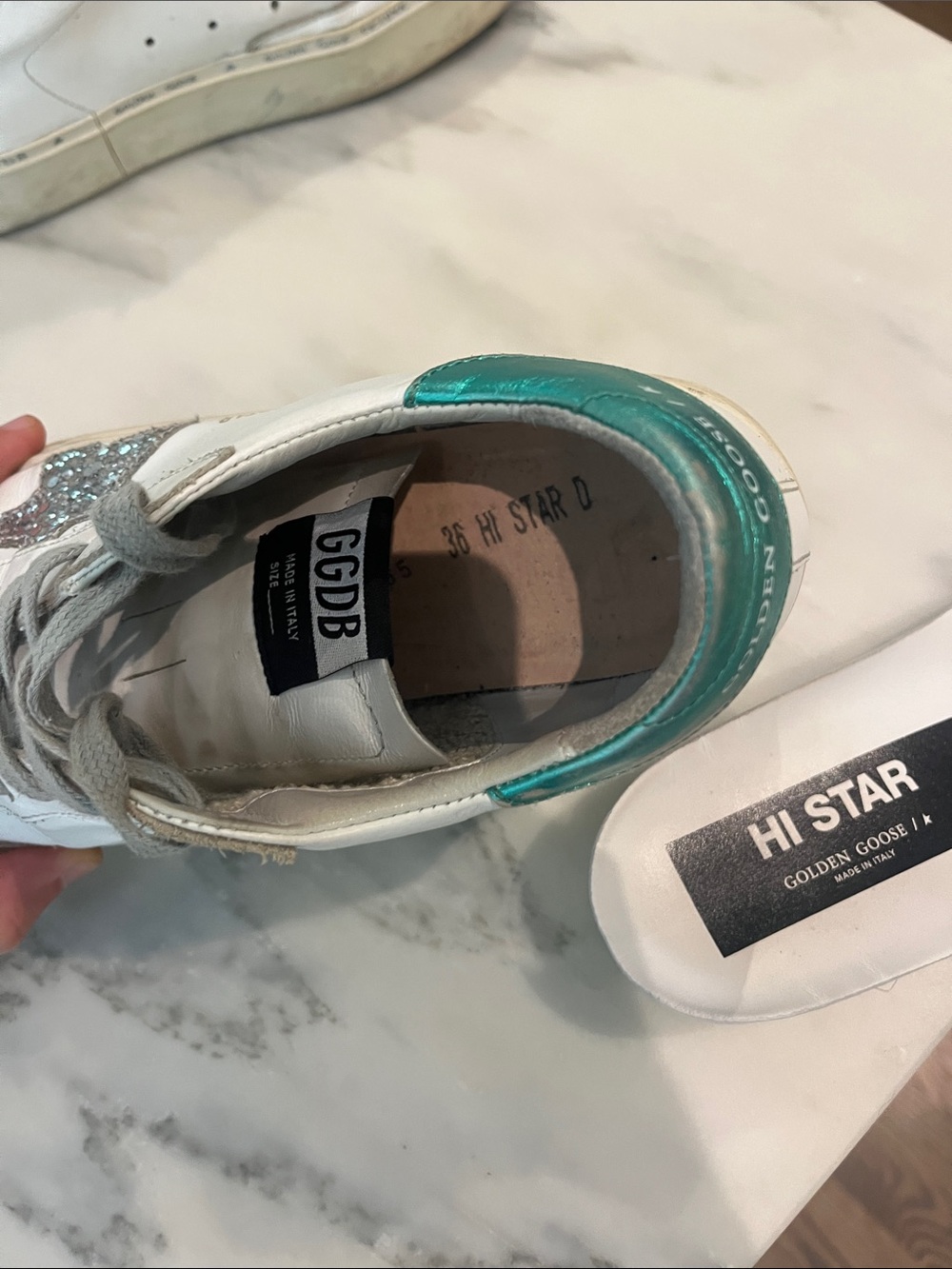 Golden Goose White Sneakers with Silver Glitter Star and Teal Heel - Picture 7 of 7